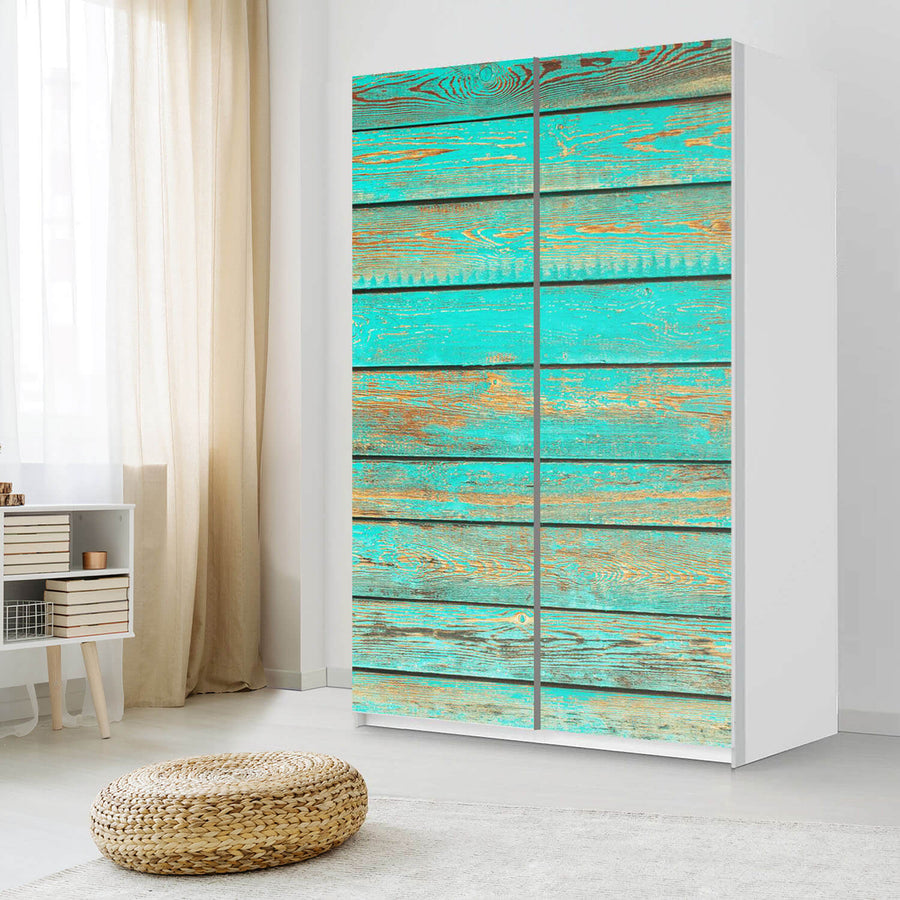 Möbelfolie IKEA Wooden Aqua - IKEA Pax Schrank 236 cm Höhe - Schiebetür 75 cm - Schlafzimmer