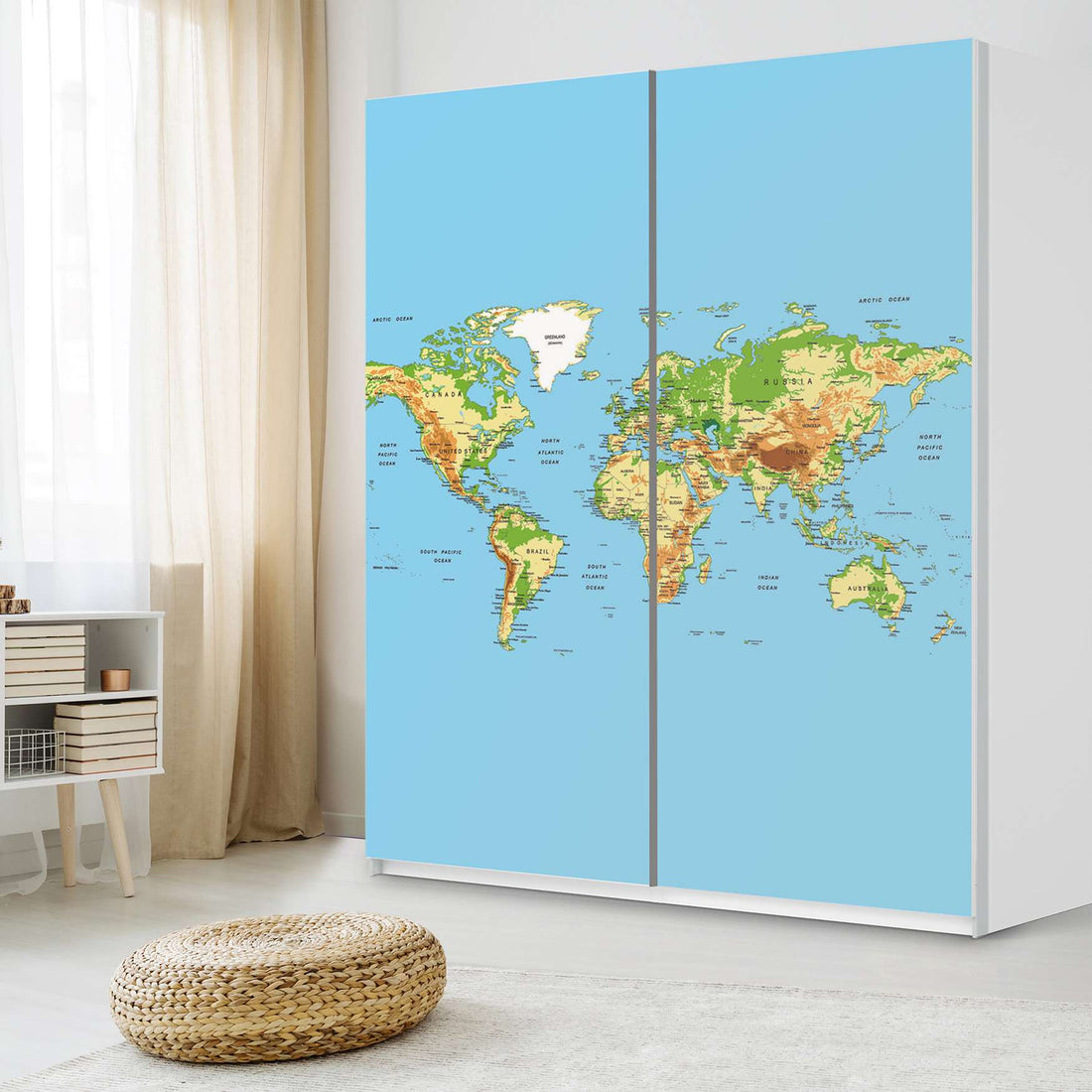 Möbelfolie IKEA Geografische Weltkarte - IKEA Pax Schrank 236 cm Höhe - Schiebetür - Schlafzimmer
