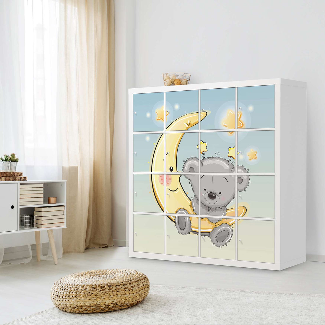 Möbelfolie Teddy und Mond - IKEA Kallax Regal 16 Türen - Kinderzimmer