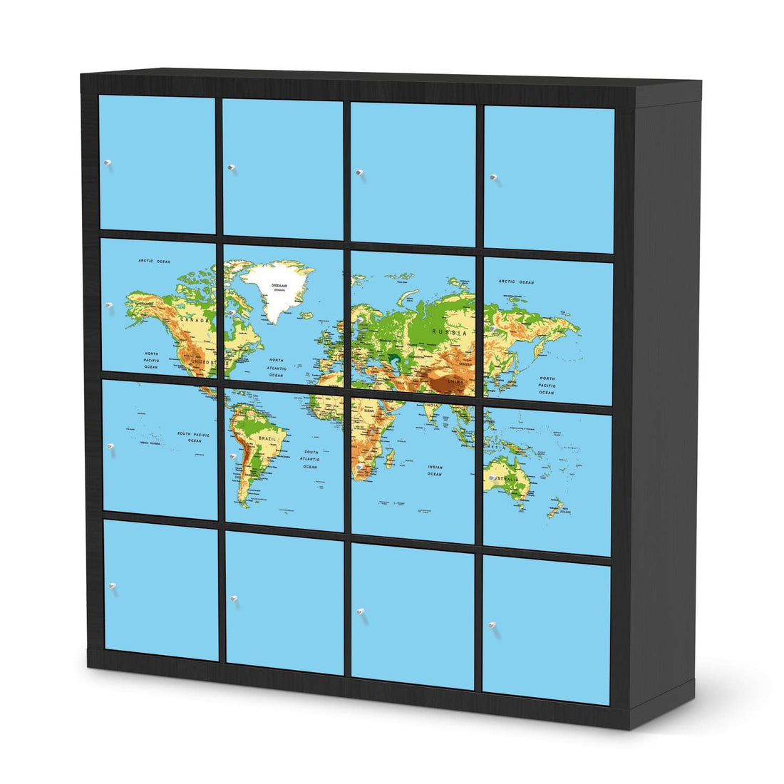 Möbelfolie Geografische Weltkarte - IKEA Kallax Regal 16 Türen - schwarz