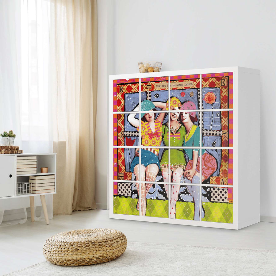 Möbelfolie Her mit dem schönen Leben - IKEA Kallax Regal 16 Türen - Wohnzimmer
