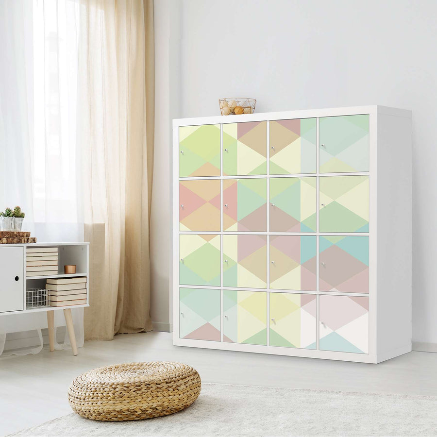 Möbelfolie Melitta Pastell Geometrie - IKEA Kallax Regal 16 Türen - Wohnzimmer
