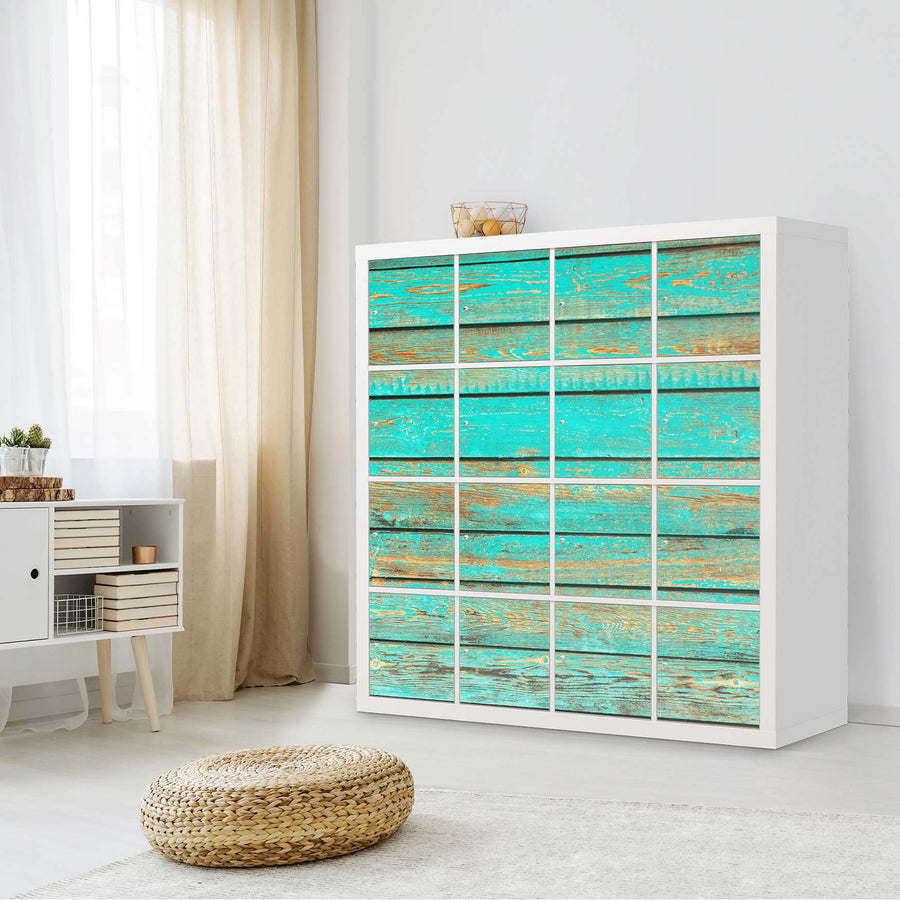 Möbelfolie Wooden Aqua - IKEA Kallax Regal 16 Türen - Wohnzimmer