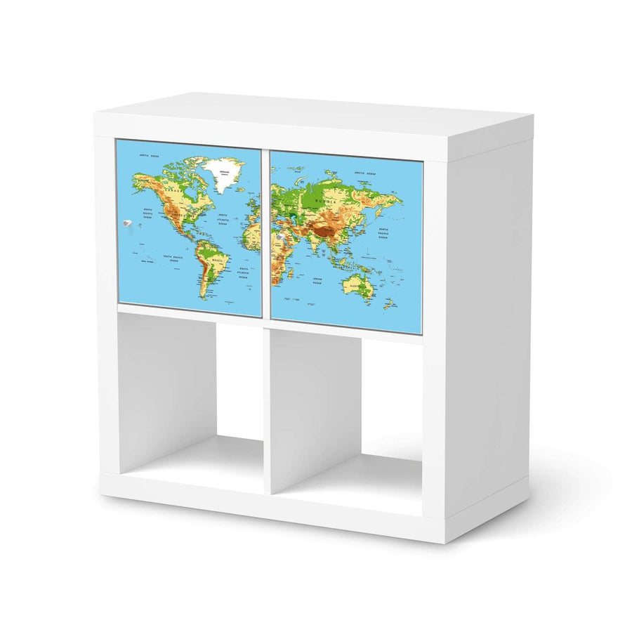Möbelfolie Geografische Weltkarte - IKEA Kallax Regal 2 Türen Quer  - weiss