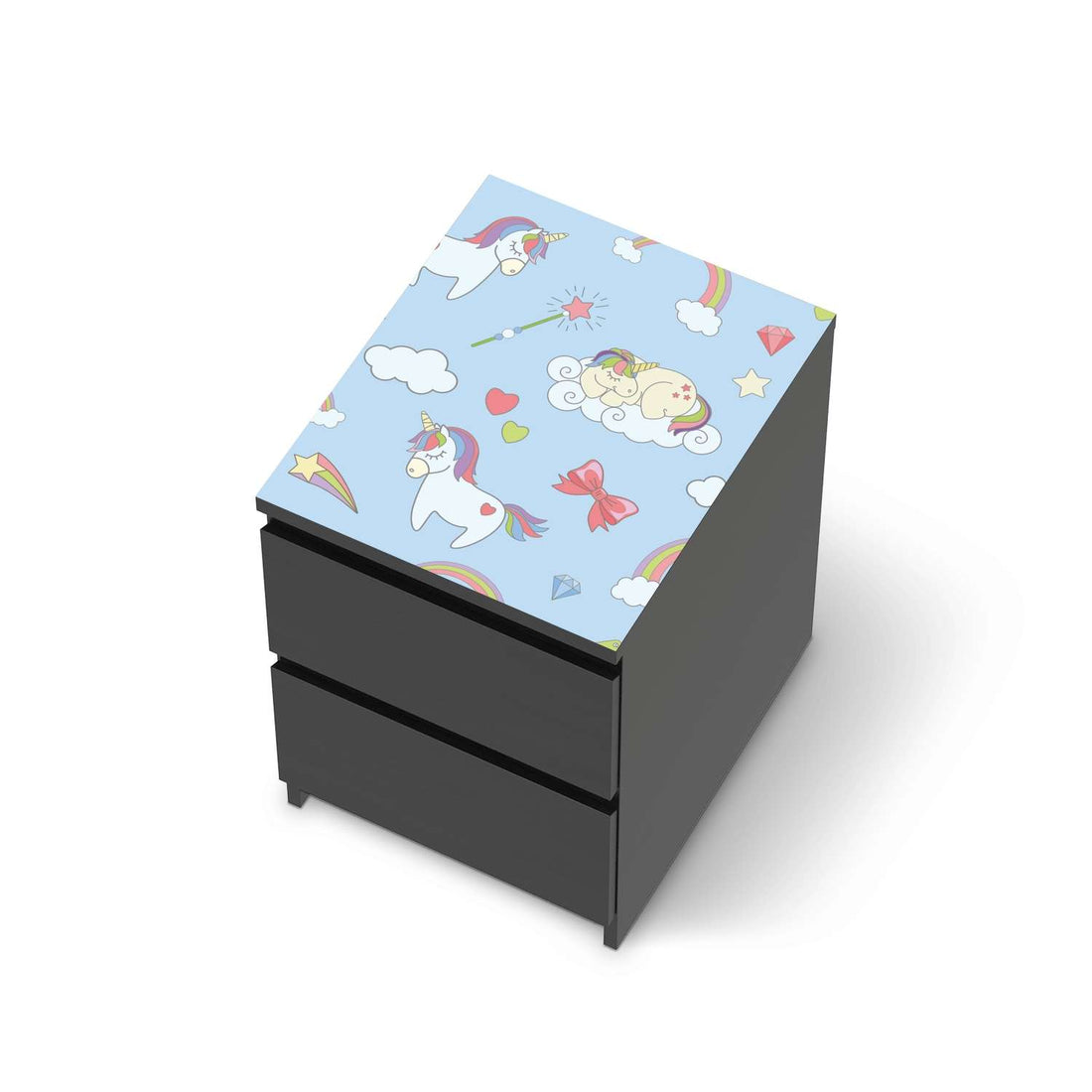 Möbelfolie Rainbow Unicorn - IKEA Malm Kommode 2 Schubladen [oben] - schwarz