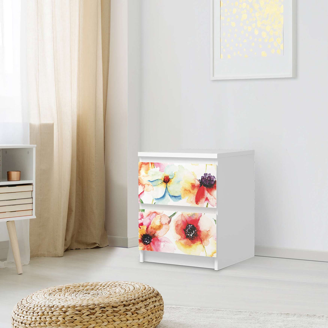 Möbelfolie Water Color Flowers - IKEA Malm Kommode 2 Schubladen - Schlafzimmer