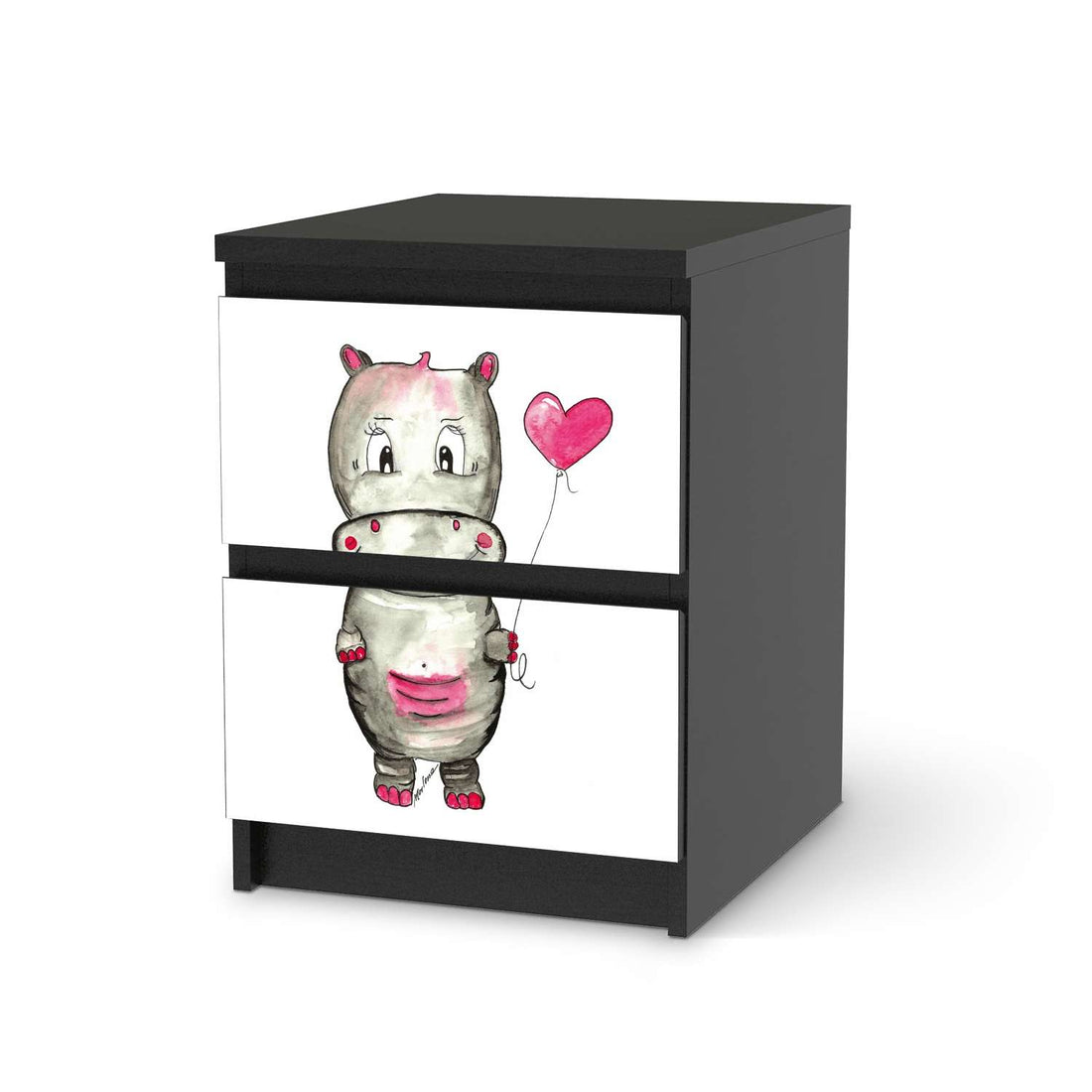 Möbelfolie Nilpferd mit Herz - IKEA Malm Kommode 2 Schubladen - schwarz
