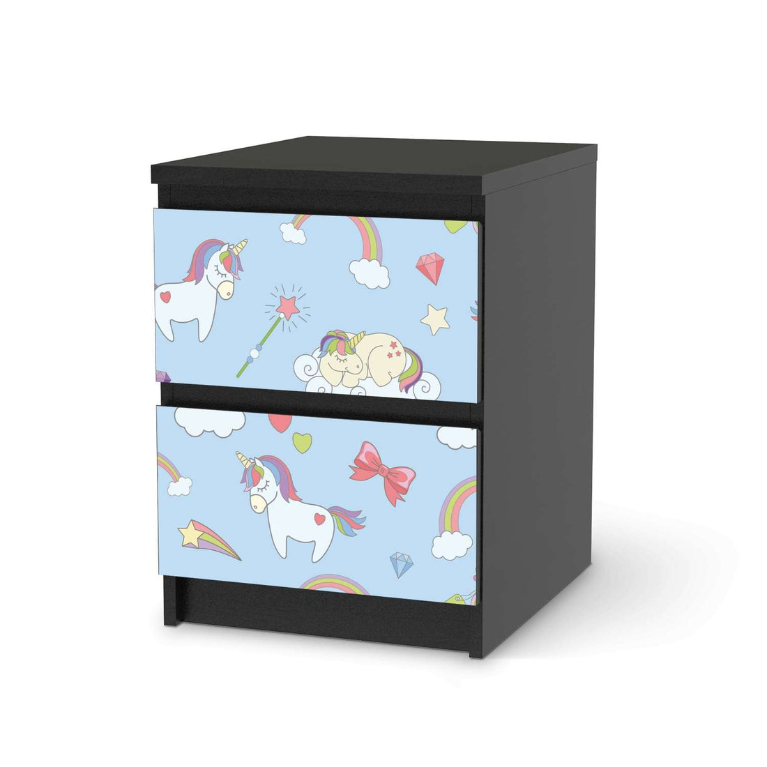 Möbelfolie Rainbow Unicorn - IKEA Malm Kommode 2 Schubladen - schwarz