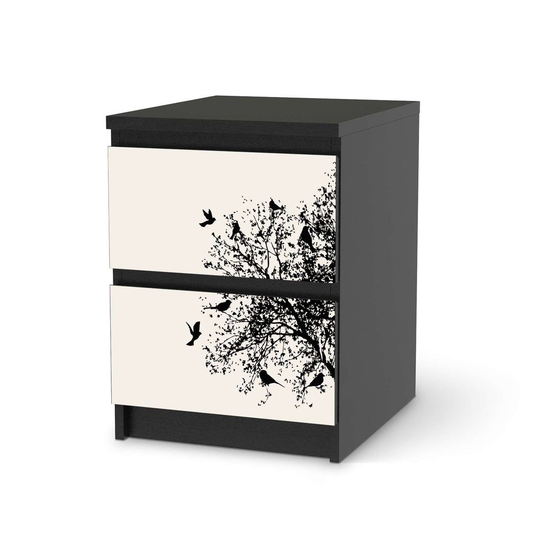 Möbelfolie Tree and Birds 2 - IKEA Malm Kommode 2 Schubladen - schwarz