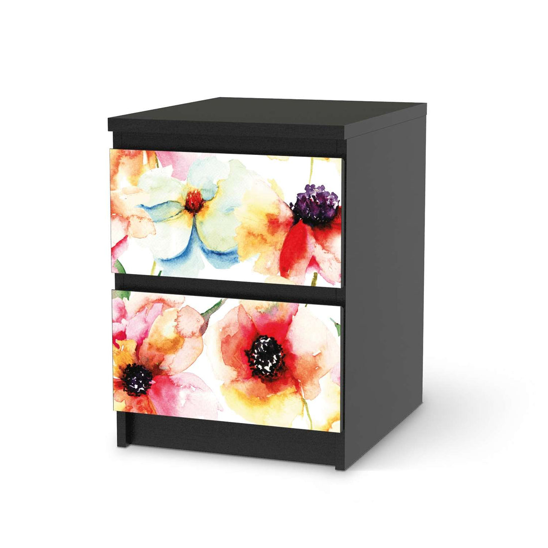 Möbelfolie Water Color Flowers - IKEA Malm Kommode 2 Schubladen - schwarz