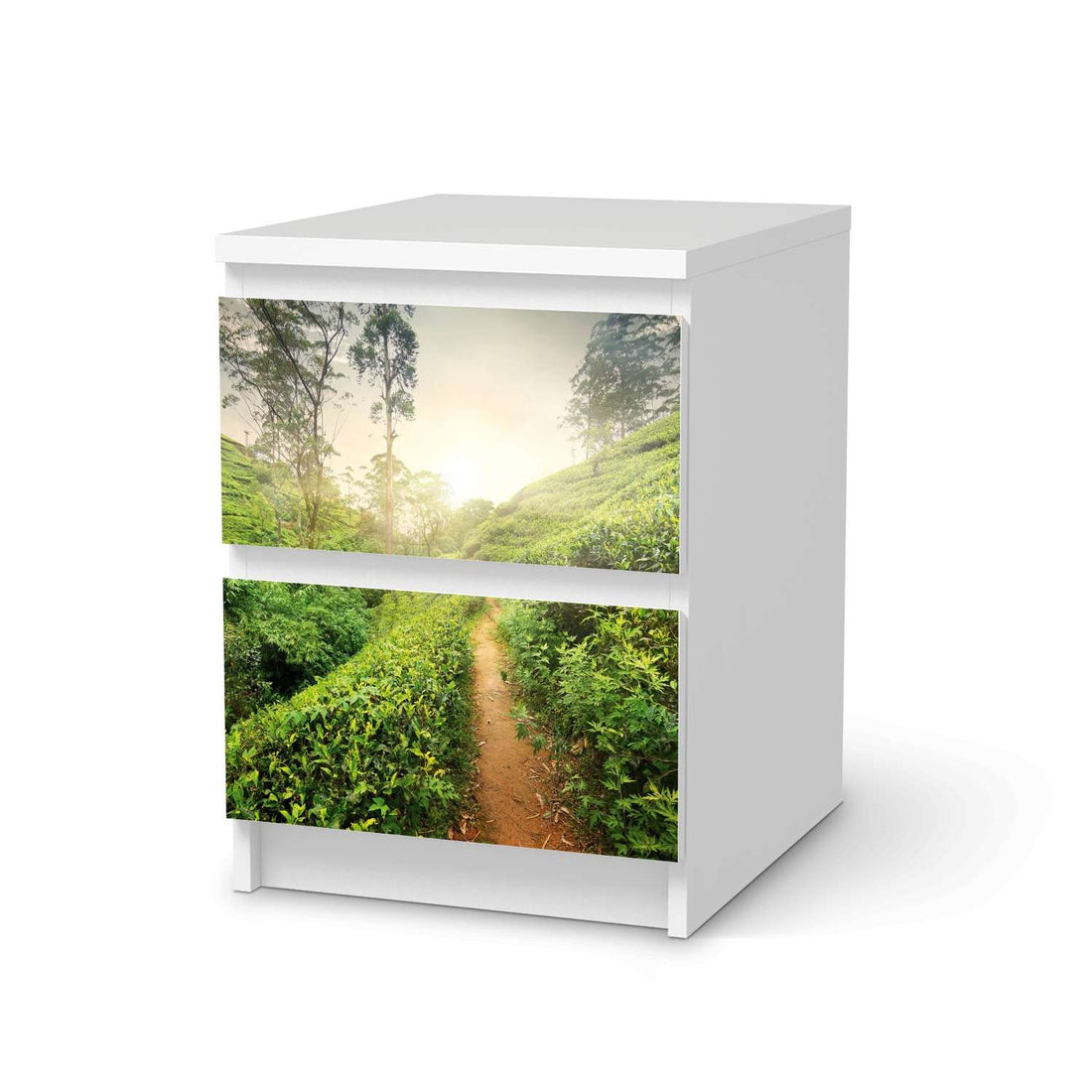 Möbelfolie Green Tea Fields - IKEA Malm Kommode 2 Schubladen  - weiss
