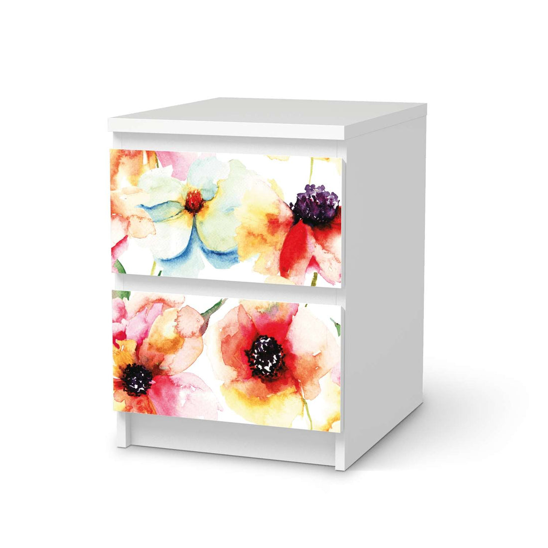 Möbelfolie Water Color Flowers - IKEA Malm Kommode 2 Schubladen  - weiss