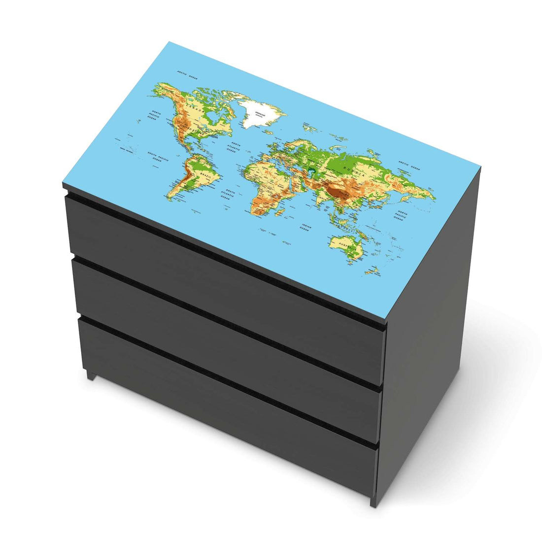 Möbelfolie Geografische Weltkarte - IKEA Malm Kommode 3 Schubladen [oben] - schwarz