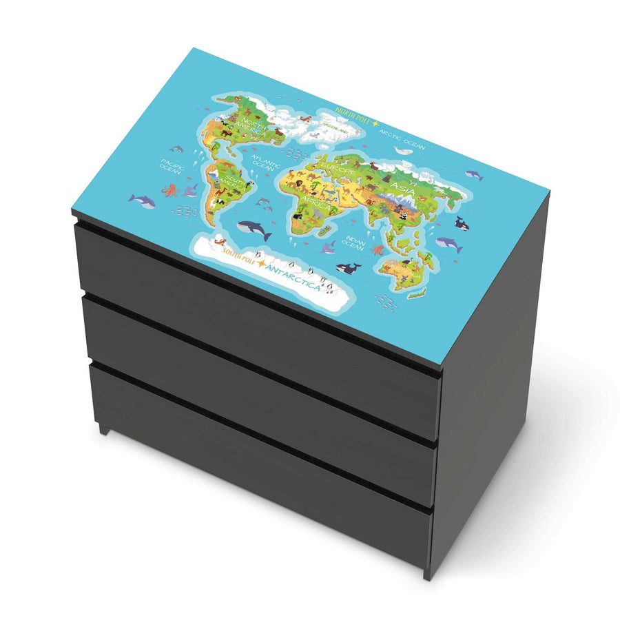 Möbelfolie Kids Weltkarte - IKEA Malm Kommode 3 Schubladen [oben] - schwarz