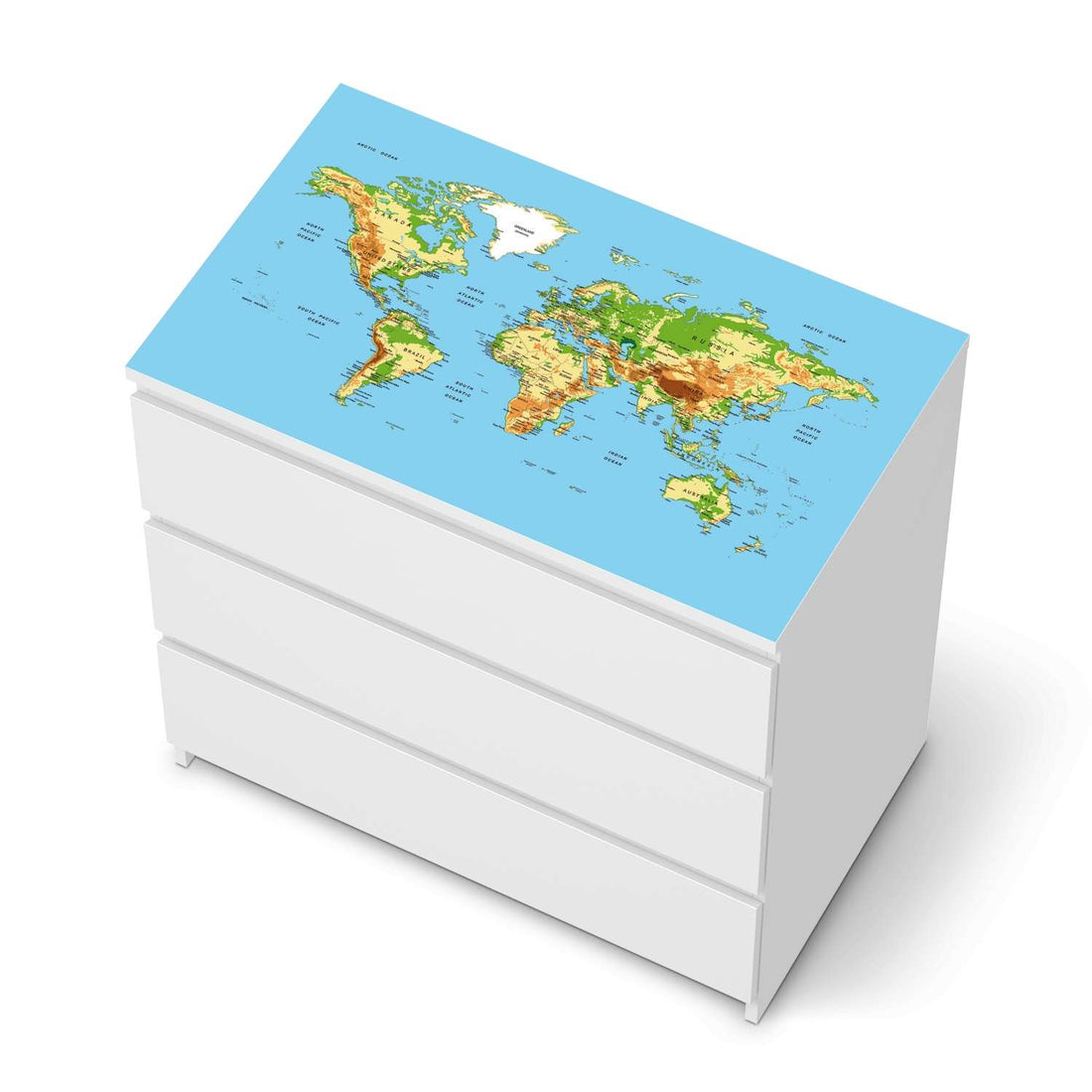 Möbelfolie Geografische Weltkarte - IKEA Malm Kommode 3 Schubladen [oben] - weiss