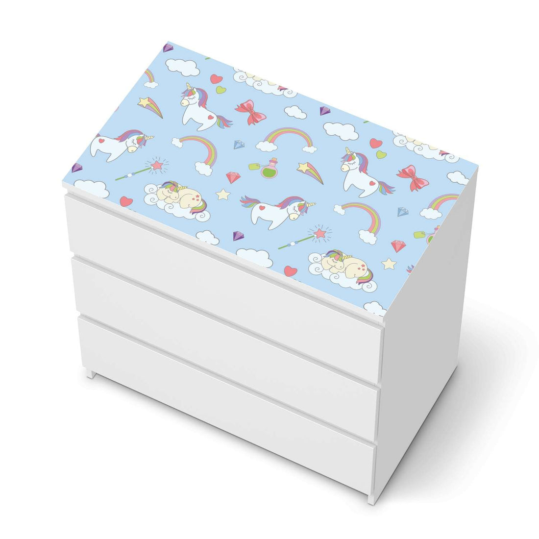 Möbelfolie Rainbow Unicorn - IKEA Malm Kommode 3 Schubladen [oben] - weiss