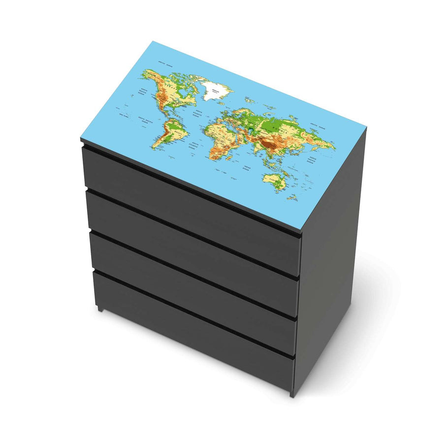Möbelfolie Geografische Weltkarte - IKEA Malm Kommode 4 Schubladen [oben] - schwarz