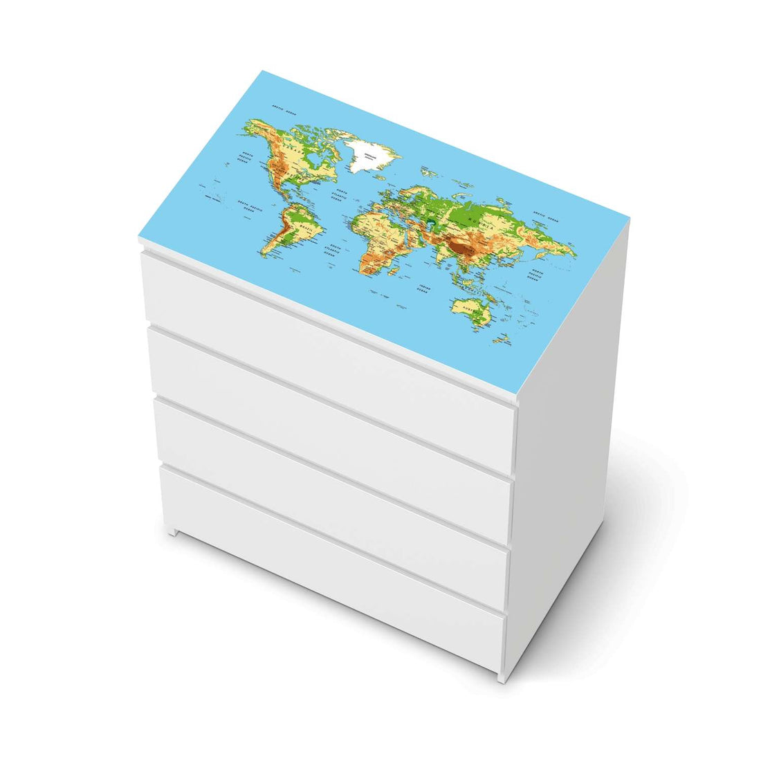 Möbelfolie Geografische Weltkarte - IKEA Malm Kommode 4 Schubladen [oben] - weiss