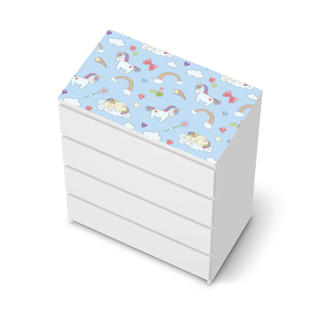 Möbelfolie Rainbow Unicorn - IKEA Malm Kommode 4 Schubladen [oben] - weiss