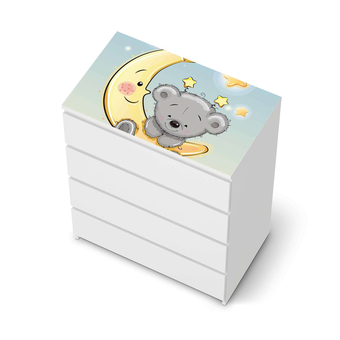 Möbelfolie Teddy und Mond - IKEA Malm Kommode 4 Schubladen [oben] - weiss