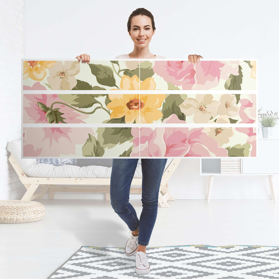 Möbelfolie Vintage Flowers - IKEA Malm Kommode 6 Schubladen (breit) - Folie