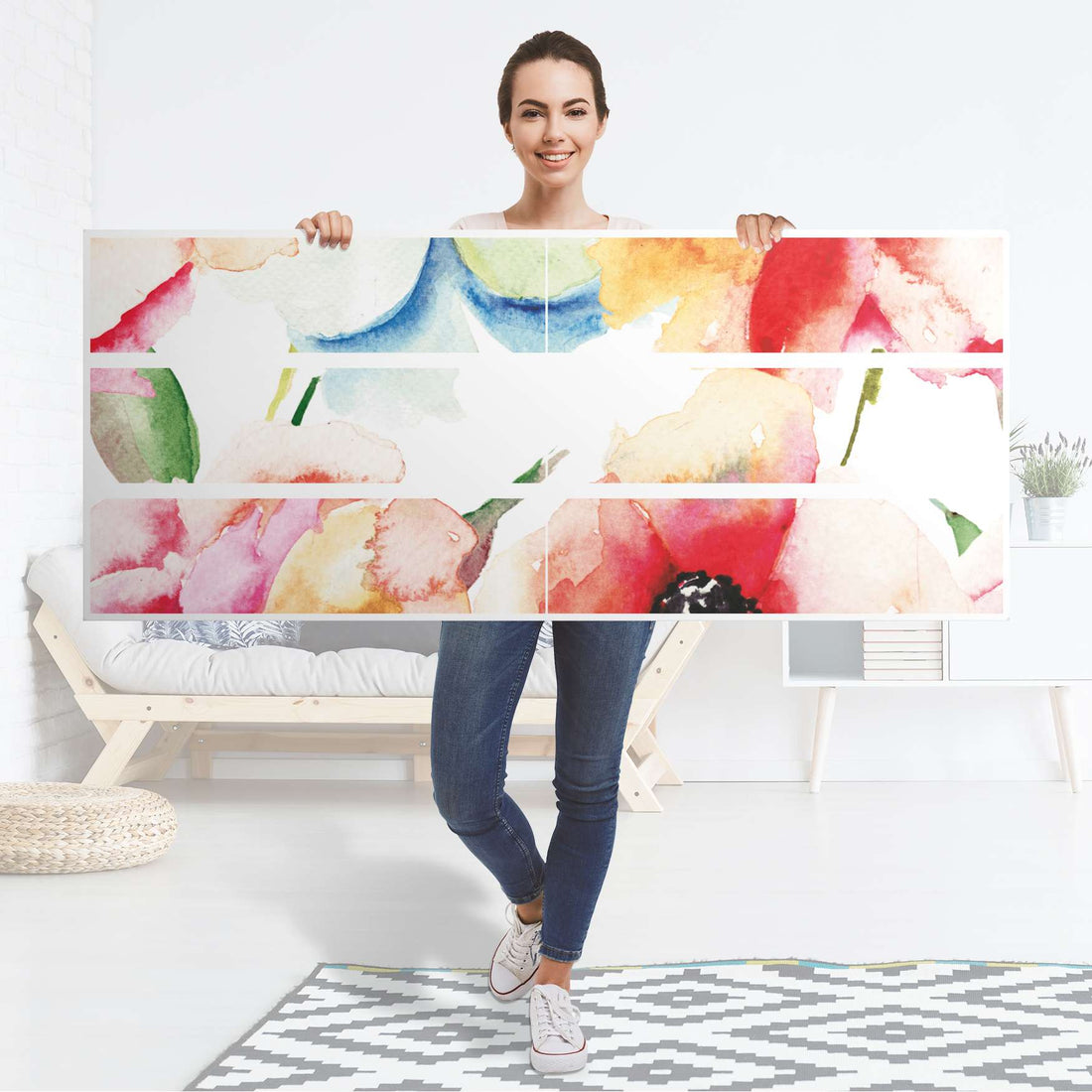 Möbelfolie Water Color Flowers - IKEA Malm Kommode 6 Schubladen (breit) - Folie
