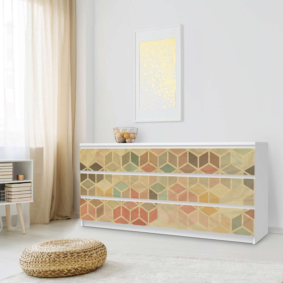 Möbelfolie 3D Retro - IKEA Malm Kommode 6 Schubladen (breit) - Schlafzimmer