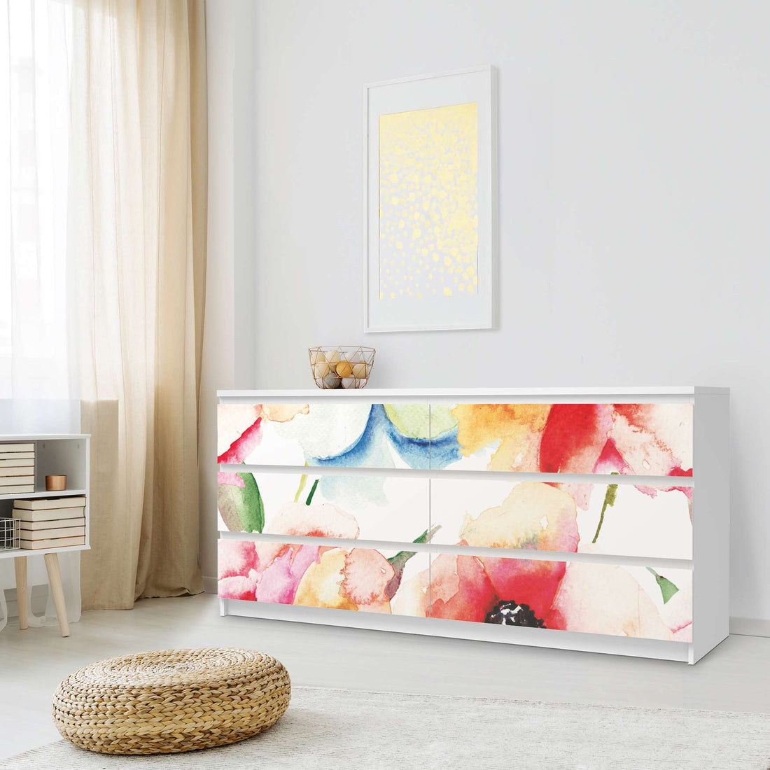 Möbelfolie Water Color Flowers - IKEA Malm Kommode 6 Schubladen (breit) - Schlafzimmer