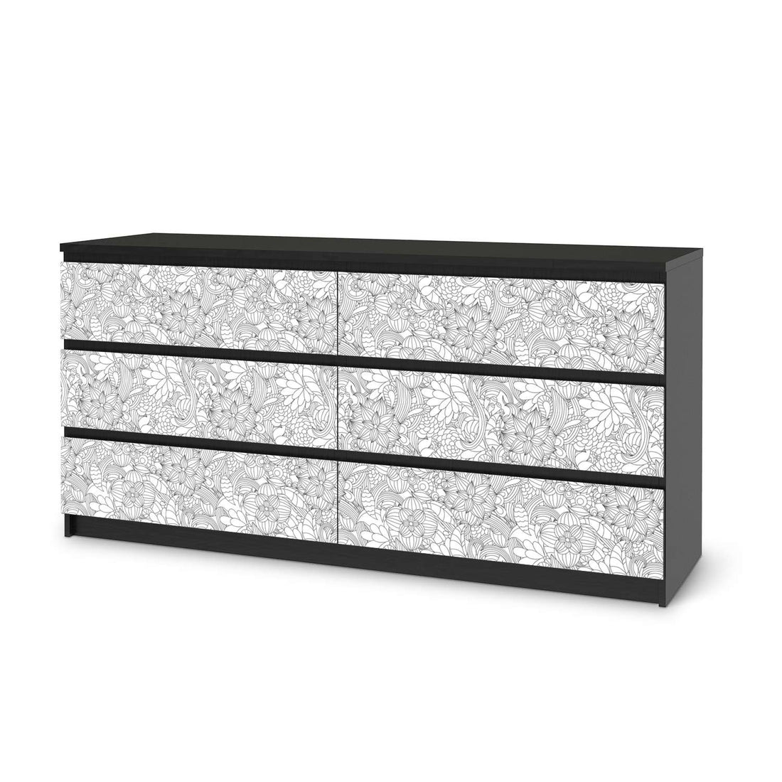 Möbelfolie Flower Lines 2 - IKEA Malm Kommode 6 Schubladen (breit) - schwarz