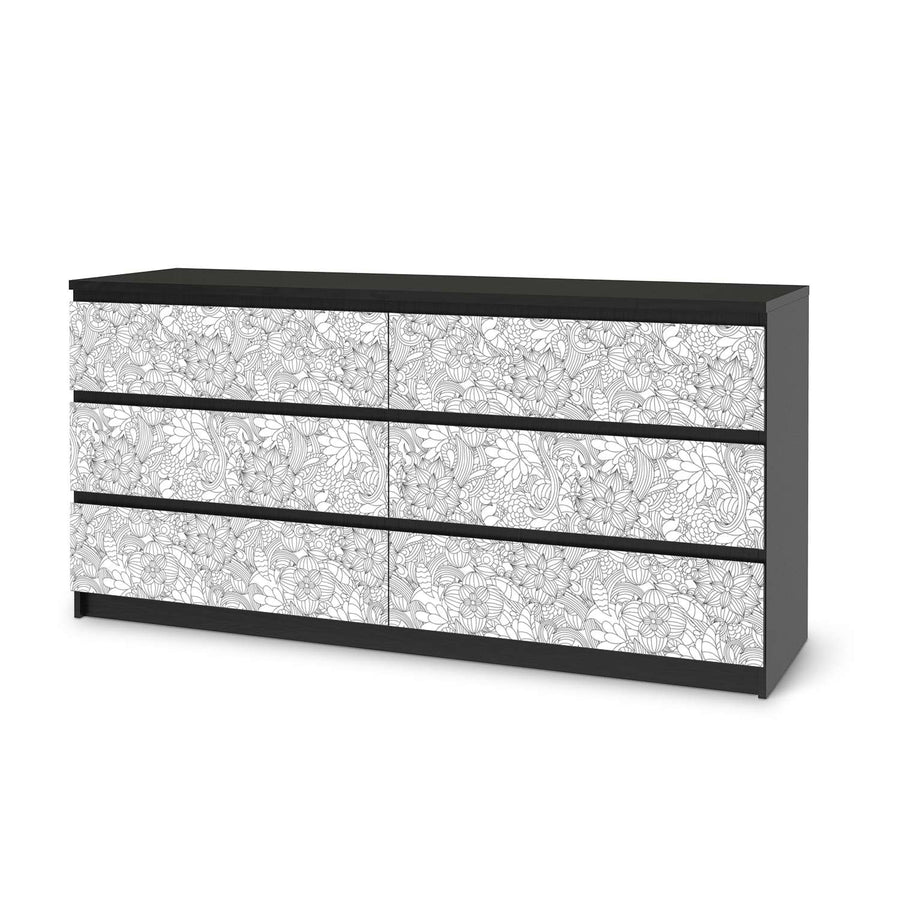 Möbelfolie Flower Lines 2 - IKEA Malm Kommode 6 Schubladen (breit) - schwarz