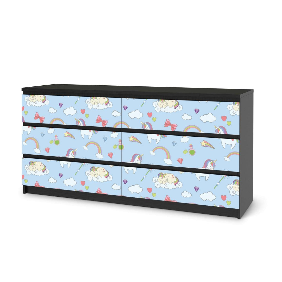 Möbelfolie Rainbow Unicorn - IKEA Malm Kommode 6 Schubladen (breit) - schwarz