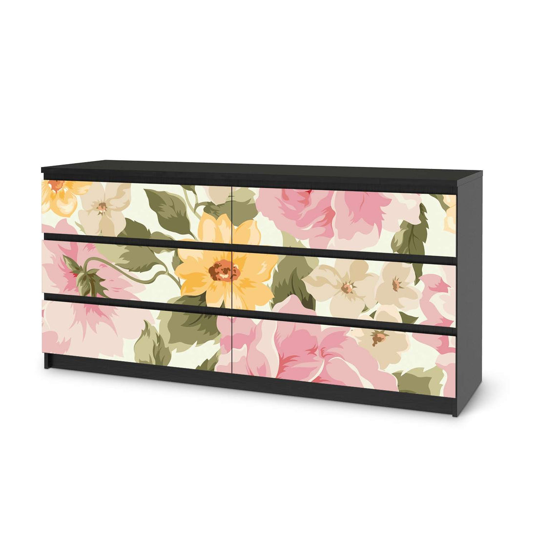 Möbelfolie Vintage Flowers - IKEA Malm Kommode 6 Schubladen (breit) - schwarz