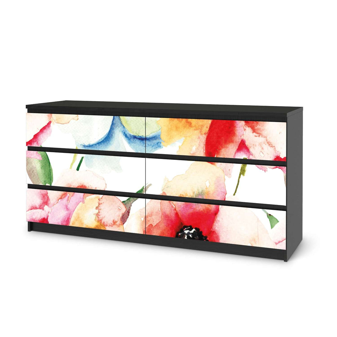 Möbelfolie Water Color Flowers - IKEA Malm Kommode 6 Schubladen (breit) - schwarz