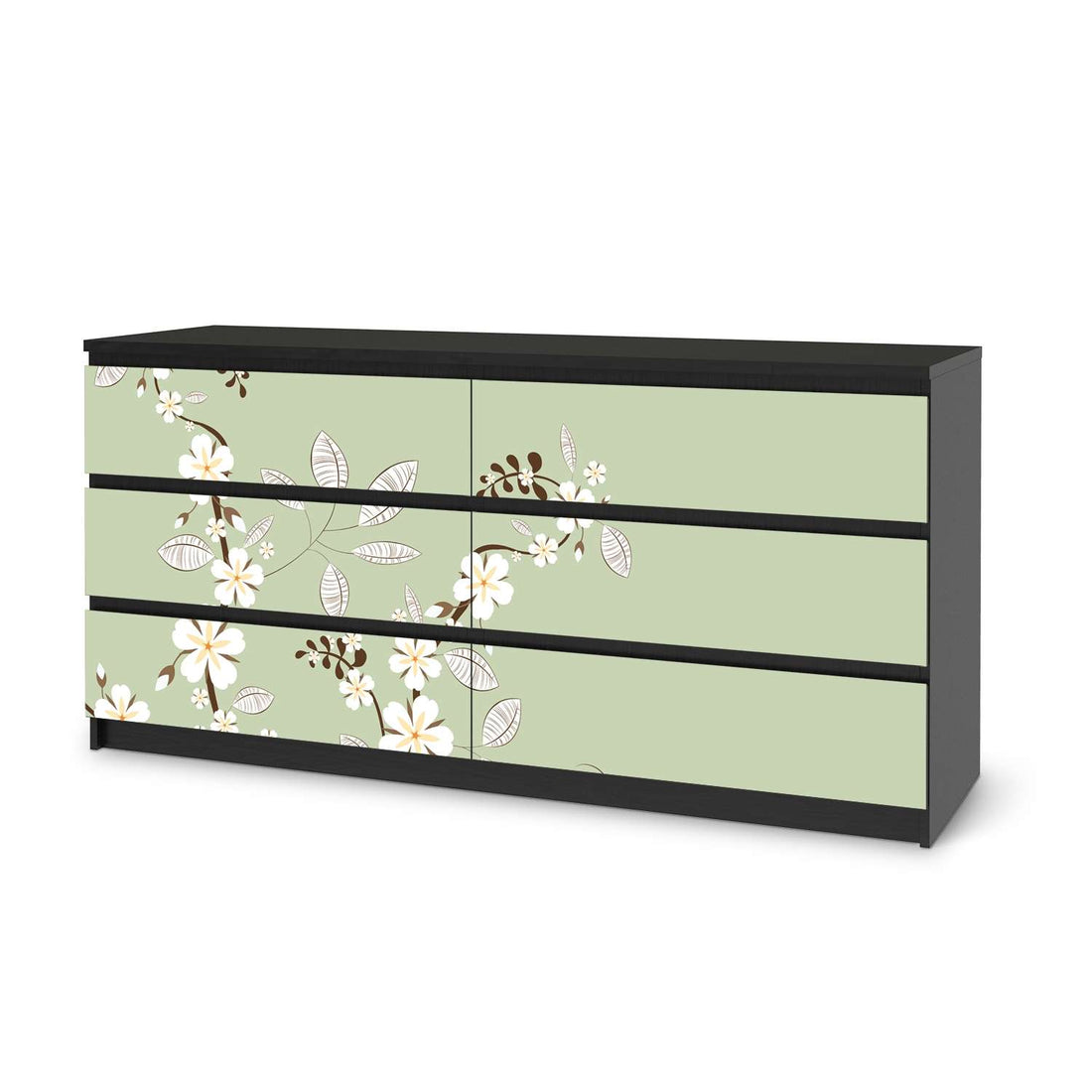 Möbelfolie White Blossoms - IKEA Malm Kommode 6 Schubladen (breit) - schwarz
