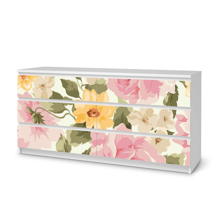 Möbelfolie Vintage Flowers - IKEA Malm Kommode 6 Schubladen (breit)  - weiss