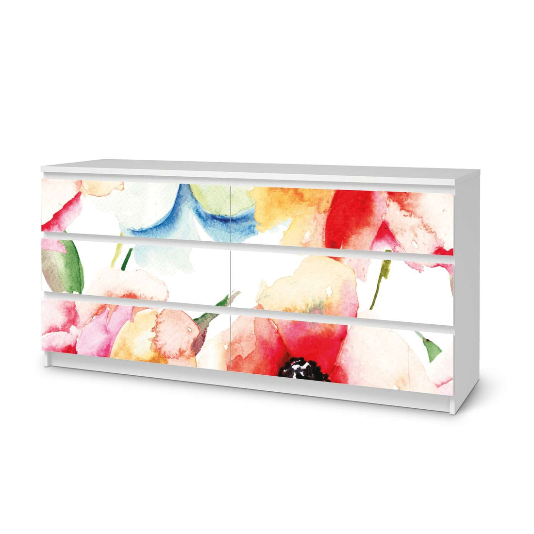 Möbelfolie Water Color Flowers - IKEA Malm Kommode 6 Schubladen (breit)  - weiss