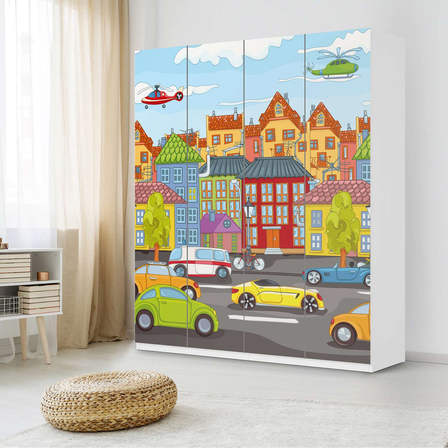 Möbelfolie City Life - IKEA Pax Schrank 236 cm Höhe - 4 Türen - Kinderzimmer