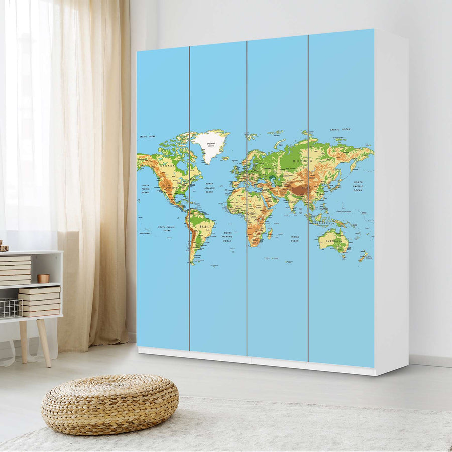 Möbelfolie Geografische Weltkarte - IKEA Pax Schrank 236 cm Höhe - 4 Türen - Schlafzimmer