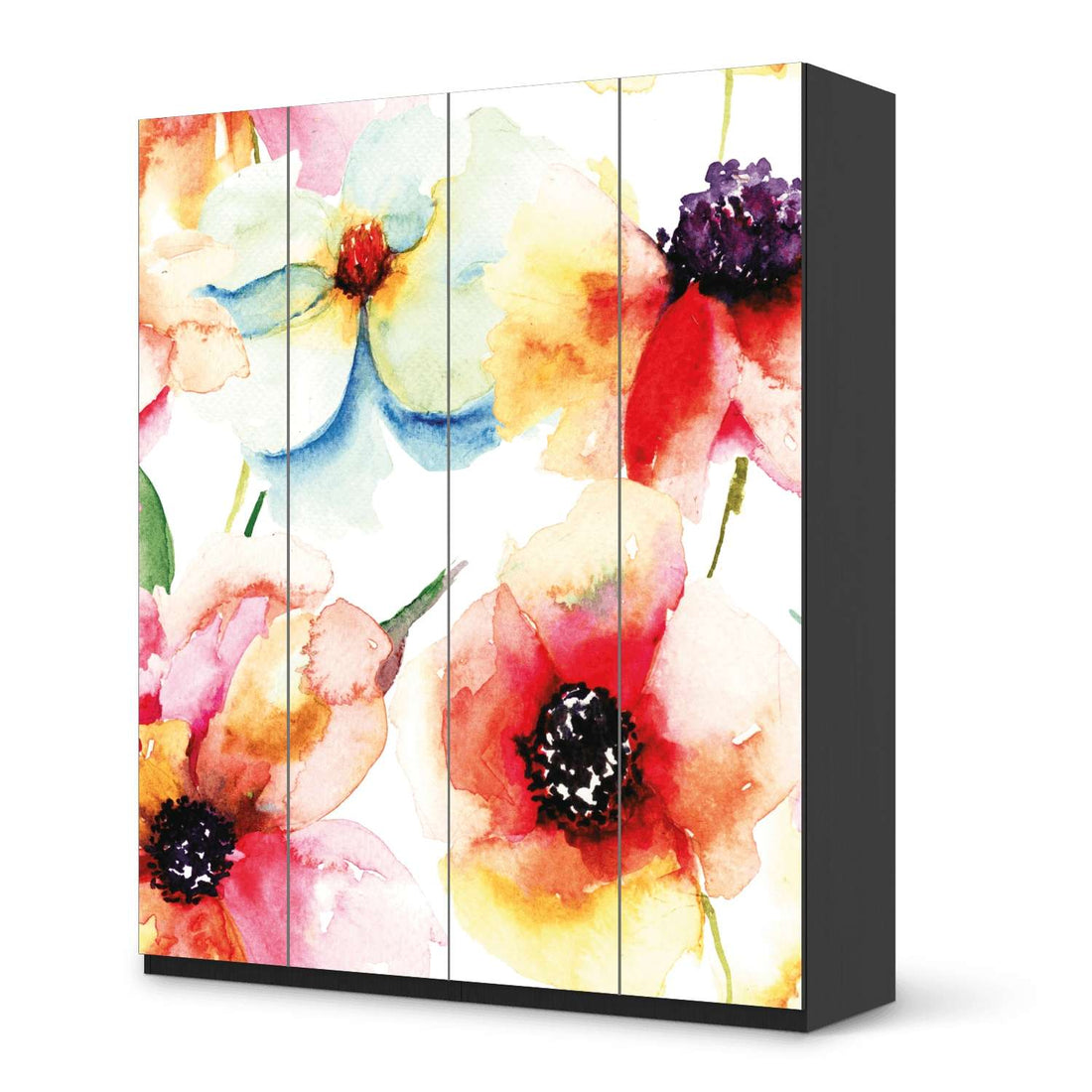 Möbelfolie Water Color Flowers - IKEA Pax Schrank 236 cm Höhe - 4 Türen - schwarz