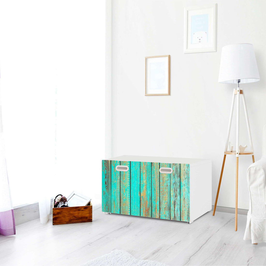 Möbelfolie Wooden Aqua - IKEA Stuva / Fritids Bank mit Kasten - Kinderzimmer