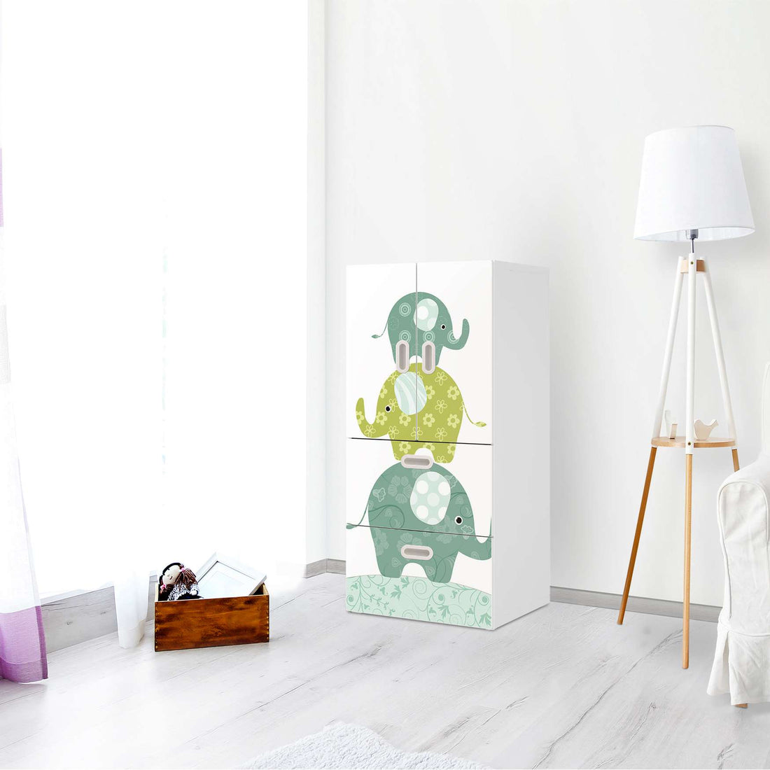 Möbelfolie Elephants - IKEA Stuva / Fritids kombiniert - 2 Schubladen und 2 kleine Türen - Kinderzimmer