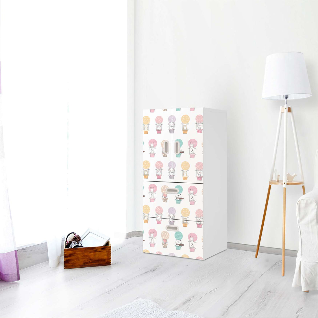 Möbelfolie Flying Animals - IKEA Stuva / Fritids kombiniert - 2 Schubladen und 2 kleine Türen - Kinderzimmer