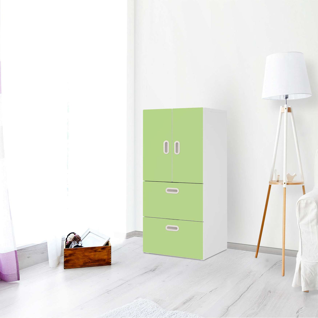 Möbelfolie Hellgrün Light - IKEA Stuva / Fritids kombiniert - 2 Schubladen und 2 kleine Türen - Kinderzimmer