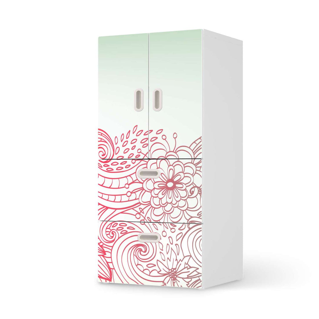 Möbelfolie Floral Doodle - IKEA Stuva / Fritids kombiniert - 2 Schubladen und 2 kleine Türen  - weiss
