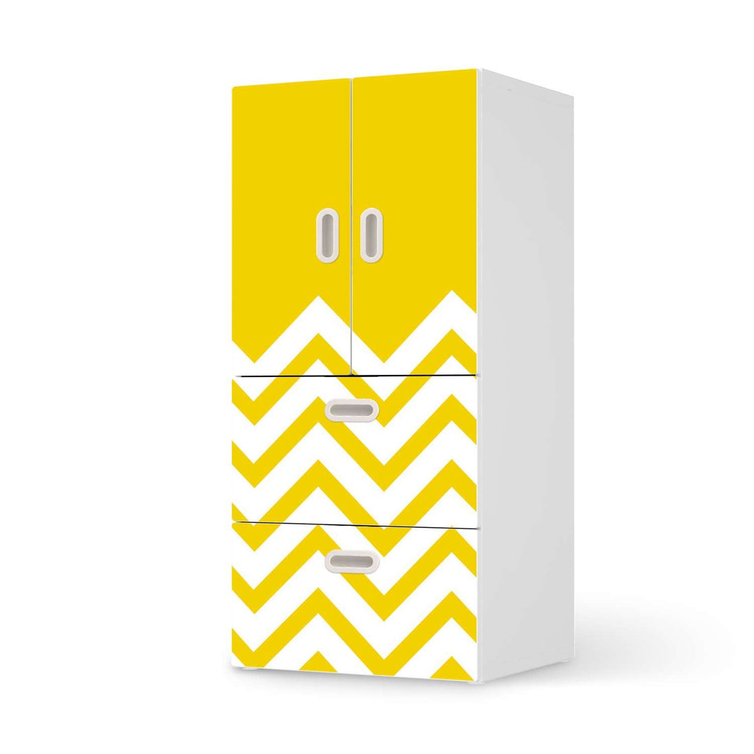 Möbelfolie Gelbe Zacken - IKEA Stuva / Fritids kombiniert - 2 Schubladen und 2 kleine Türen  - weiss