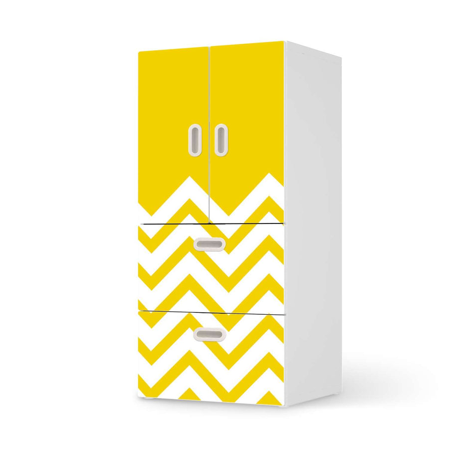 Möbelfolie Gelbe Zacken - IKEA Stuva / Fritids kombiniert - 2 Schubladen und 2 kleine Türen  - weiss