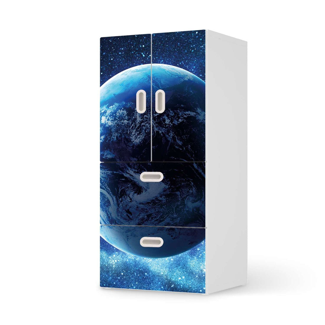 Möbelfolie Planet Blue - IKEA Stuva / Fritids kombiniert - 2 Schubladen und 2 kleine Türen  - weiss