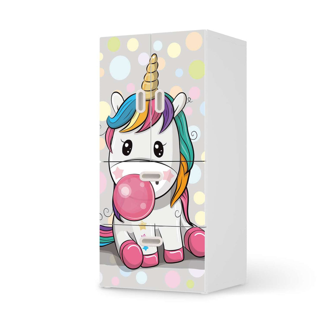 Möbelfolie Rainbow das Einhorn - IKEA Stuva / Fritids kombiniert - 2 Schubladen und 2 kleine Türen  - weiss