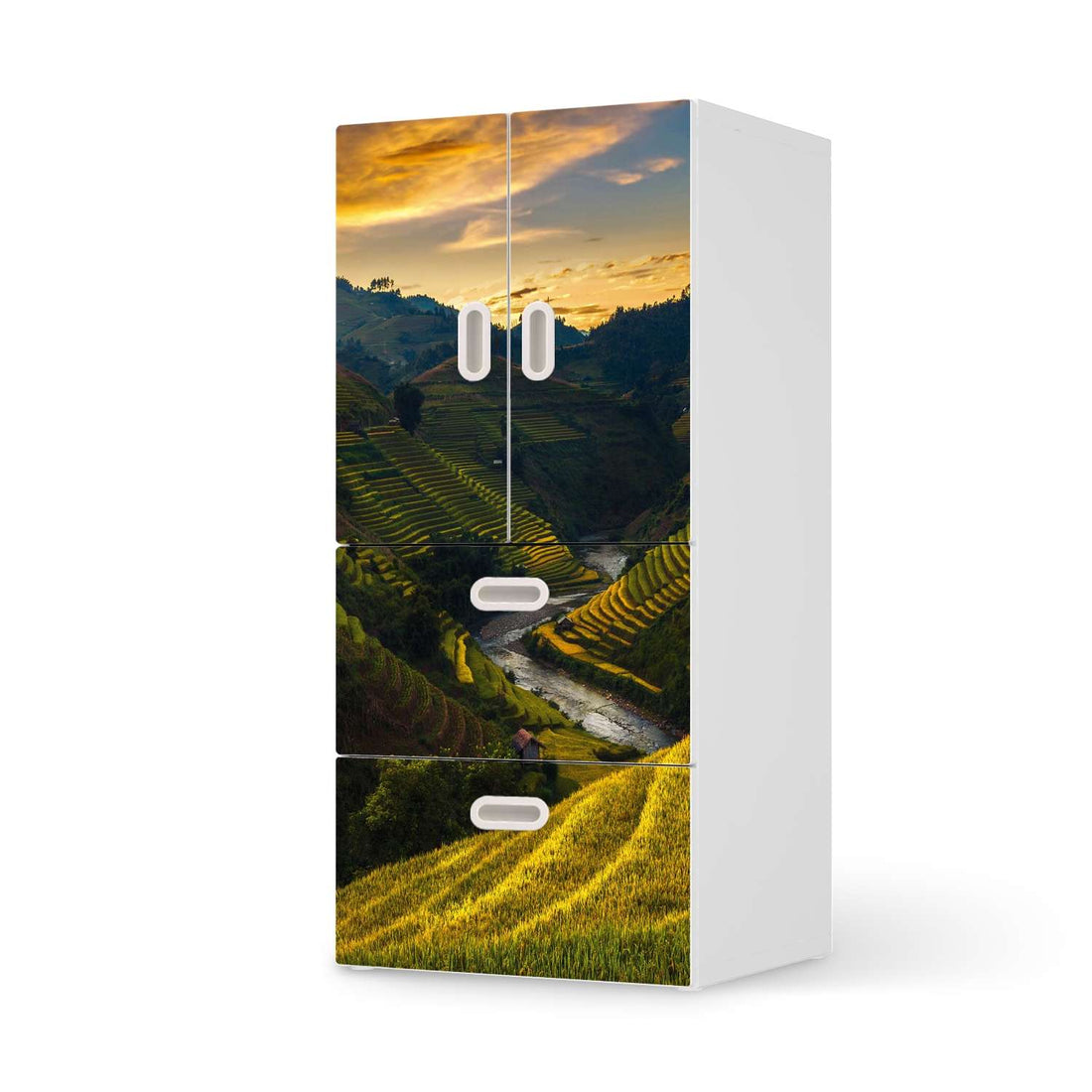 Möbelfolie Reisterrassen - IKEA Stuva / Fritids kombiniert - 2 Schubladen und 2 kleine Türen  - weiss