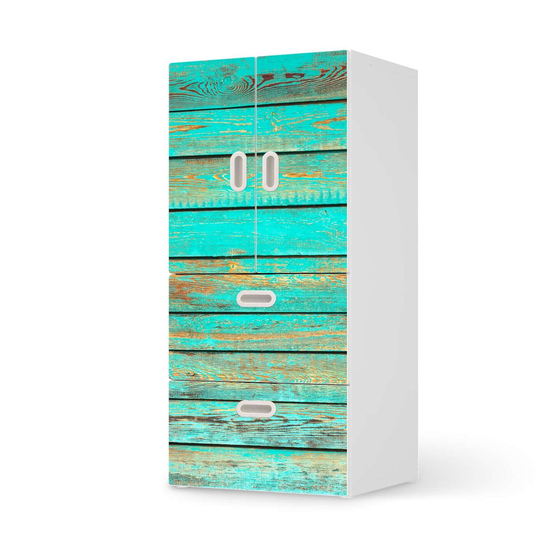 Möbelfolie Wooden Aqua - IKEA Stuva / Fritids kombiniert - 2 Schubladen und 2 kleine Türen  - weiss
